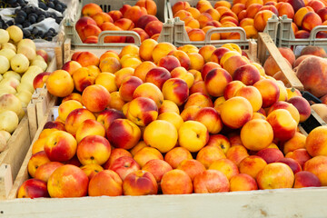 Heap of red yellow nectarines at a local organic farmers market. Colorful display of local market