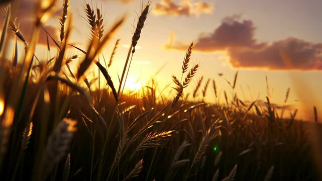 Tall grass sways in the gentle breeze as the sun sets behind a field of golden wheat