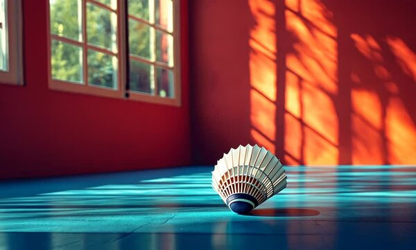 A shuttlecock rests on a vibrant blue floor with warm shadows.
