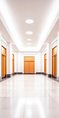 Fototapeta premium A wide corridor showcasing wooden doors and bright lighting in a modern architectural space