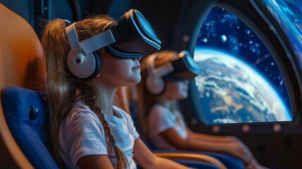 Naklejka premium Kids exploring space tourism, guiding visitors through a virtual reality experience of space travel
