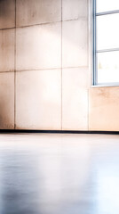 The interior features a spacious area with polished concrete flooring