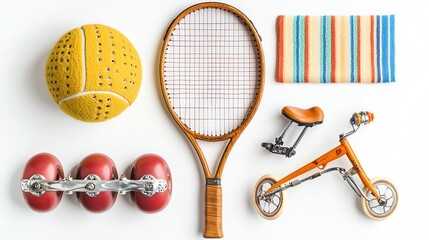 A collection of sports equipment including a tennis racket, roller skates, a toy bicycle, and a ball arranged on a textured surface