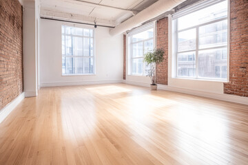 Bright and spacious modern loft with large windows and minimal decor in an urban setting