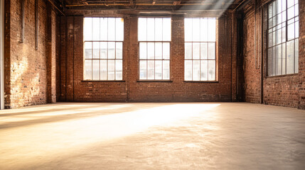 Obraz premium Spacious and sunlit industrial-style room with brick walls during daylight hours