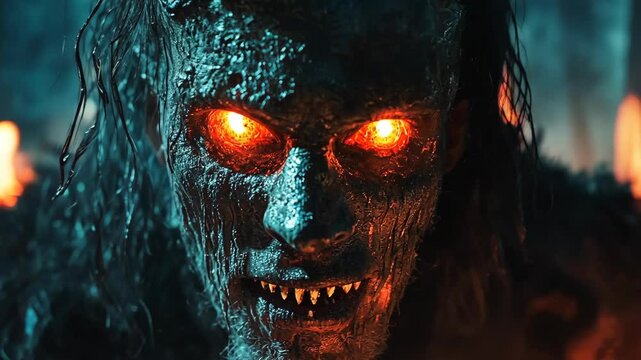 A close-up of a terrifying creature with glowing red eyes in a dark, foreboding setting