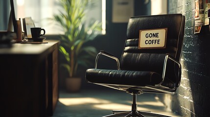 A stylish office chair in a cozy workspace with a sign humorously indicating a coffee break