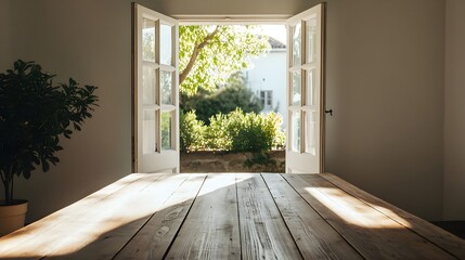 Obraz premium Wooden Table Sunlight Through Window