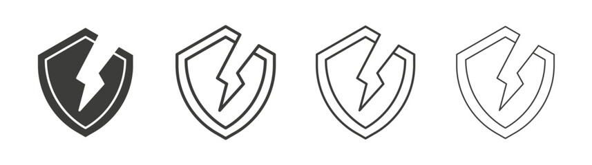 Broken shield icon set vector in black and white colors