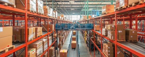 A vast storage warehouse filled with neatly stacked boxes on red metal shelving, illuminated by natural light from large windows.