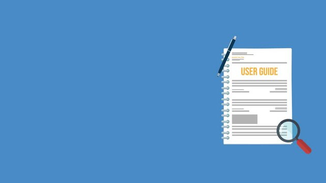 User guide with magnifying glass and pen. User manual,  instruction manual