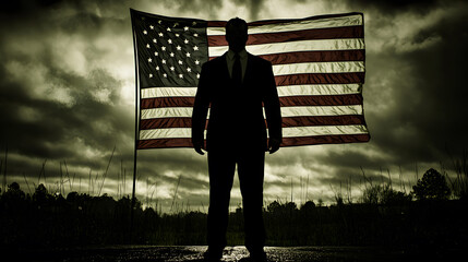 Silhouette of a man against an American flag