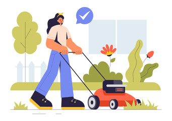 Lawn Mower Vector Illustration Featuring Grass Cutting, Trimming, and Care in a Summer Gardening Flat Style Cartoon Background