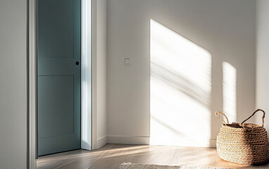 Sunny corner of a minimalist room with light casting shadows near a woven basket