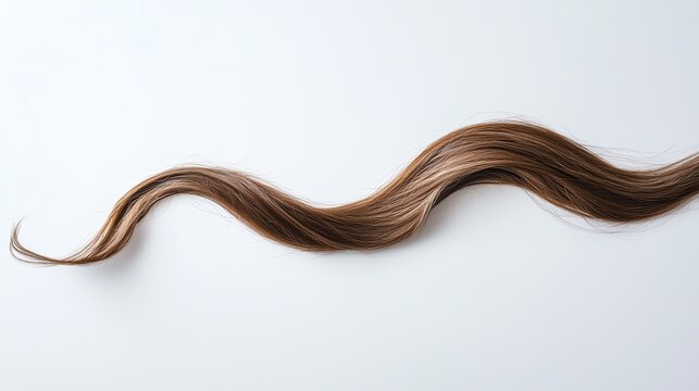 A single wavy strand of brown hair laid on a white surface, highlighting its texture and natural form in soft lighting