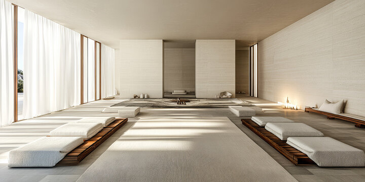Modern minimalist wellness center interior with natural light and serene ambiance