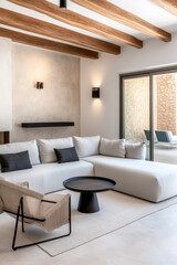 Modern minimalist living room with a cozy sectional sofa and natural light from large windows