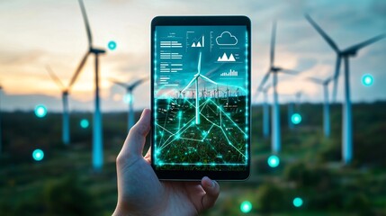 A hand holds a tablet showing data on carbon neutrality, set against a blurred background of wind turbines. The composition has ample copy space for customizable text.