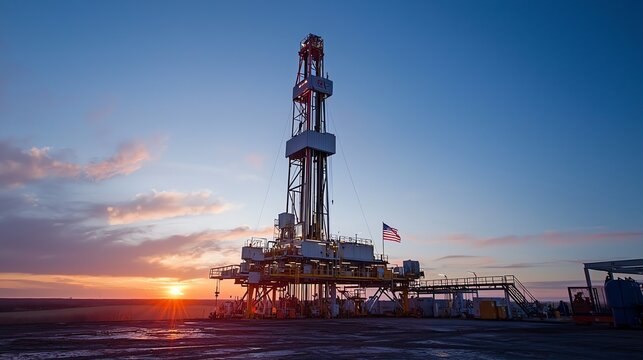 Oil drilling rig operates under a sunset sky in an expansive oil field, showcasing engineering and energy production at dusk
