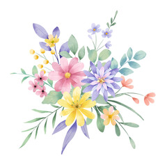 Flowers and leaves watercolor, floral clip art. Bouquet perfectly for printing design on invitations, cards, posters, wall art and other. Isolated on white background. Hand painting.