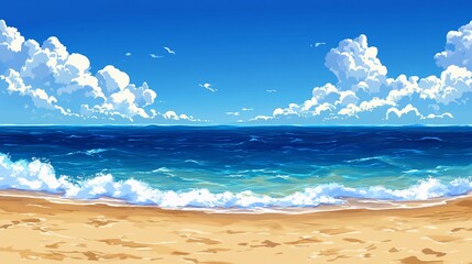 A wide shot of a sandy beach with waves lapping at the shore and a clear blue sky with fluffy white clouds.