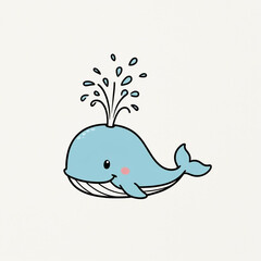 Gentle whale with water spout, blushing cheeks, cartoon style, white background, playful and cheerful expression