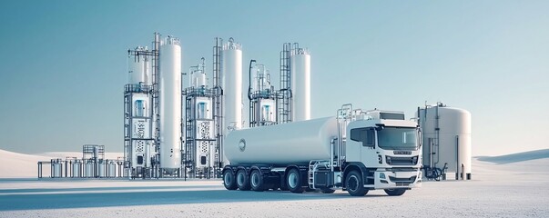 Clean hydrogen production plant, futuristic yet minimal design, zero-emission facility, set against a blue sky, reducing reliance on fossil fuels