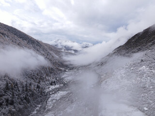 Drone aerial photography flying Landscape of Changping Valley, Siguniang National Park in western Sichuan of China.