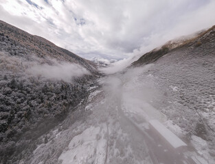 Drone aerial photography flying Landscape of Changping Valley, Siguniang National Park in western Sichuan of China.