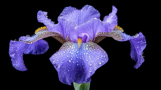 A close-up of a single purple iris flower with water droplets on its petals, isolated on a black background.