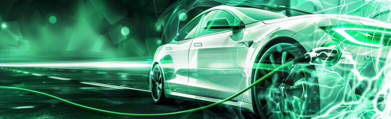 Obraz premium A Futuristic Electric Car is in motion, powered by green energy and innovative technology for an ecofriendly lifestyle. This hightech vehicle represents the future of sustainable transportation