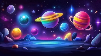 Naklejka premium Explore the vibrant universe discover colorful planets and cosmic wonders in a stunning space scene