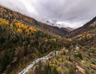Drone aerial photography flying Landscape of Changping Valley, Siguniang National Park in western Sichuan of China.