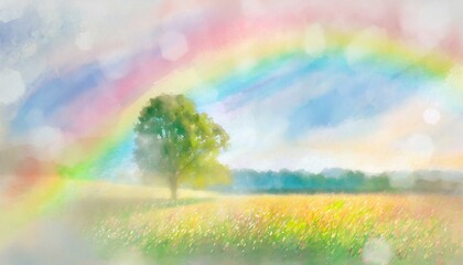 Fototapeta premium Natural landscape painting with a rainbow after the rain