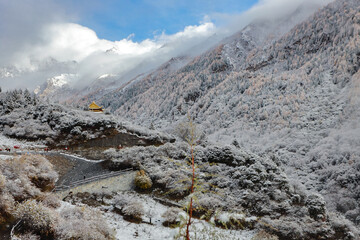 Drone aerial photography flying Landscape of Changping Valley, Siguniang National Park in western Sichuan of China.