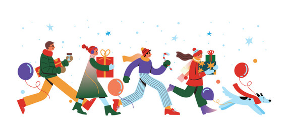 A picture of many people walking to buy decorations for Christmas and New Year. Vector Background image for advertising during the New Year's Day festival. 