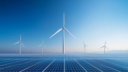 Majestic desert solar farm, rows of solar panels glistening under the sun, nearby wind turbines harnessing energy, a large-scale clean energy initiative in arid landscapes