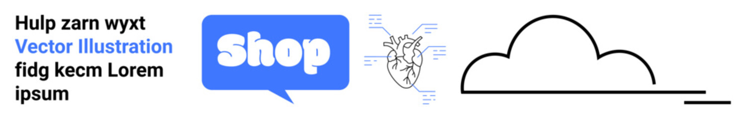 Speech bubble with shop text, anatomical heart diagram, and cloud outline. Ideal for e-commerce, medical, communication, health education, and weather apps. Banner for landing page