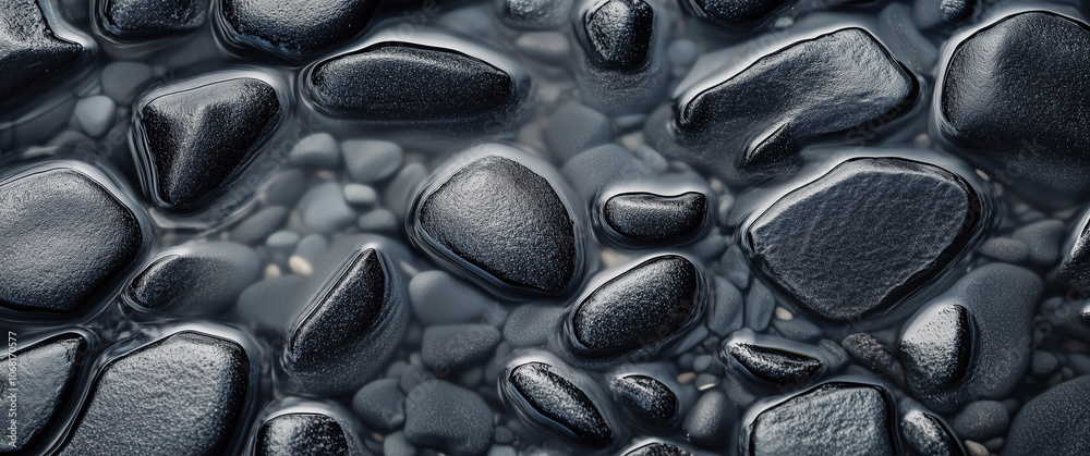 Aufkleber Smooth black stones glistening with water create serene and calming top view background