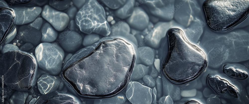Aufkleber Smooth black stones glistening under water create serene and calming atmosphere. light reflections add dynamic touch to tranquil scene