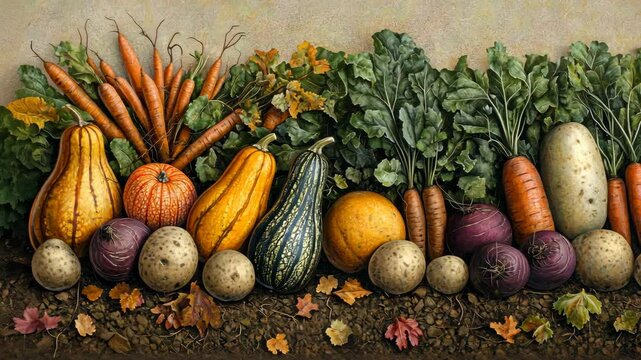 A collection of fall vegetables harvested from the garden, including carrots, gourds, squash, potatoes, and beets