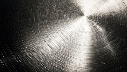 Circular brushed metal texture with concentric patterns, creating sleek and industrial feel. metallic surface reflects light, highlighting its smooth and polished finish