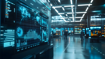 A bustling trading floor with multiple large screens displaying real-time stock market data, traders actively analyzing market trends and discussing strategies in a dynamic financial environment
