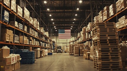 Warehouse interior view showcasing organized storage with an American flag in the background during daytime operations
