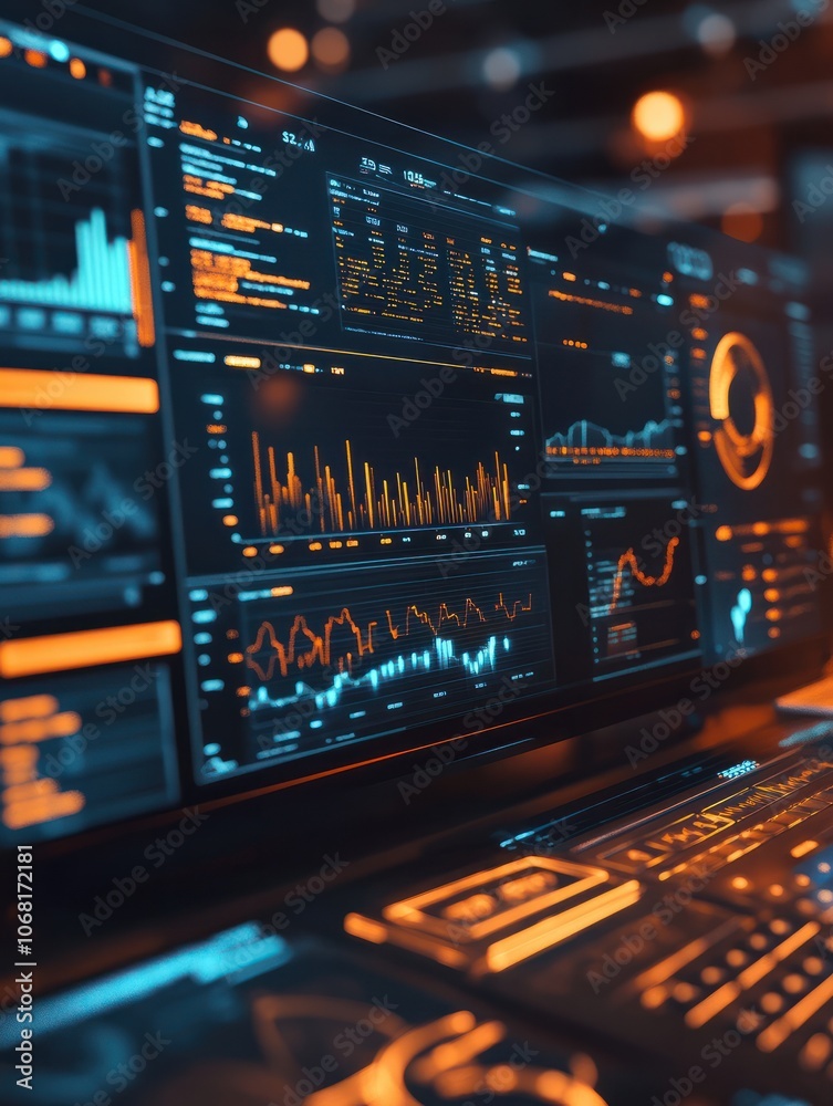 Poster digital dashboard displaying financial data and analytics with various graphs and charts.