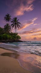 Fototapeta premium Sunset Over the Island: Tropical Beachscape with Palm Silhouettes