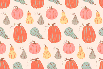 Seamless pattern of colorful pumpkins on pastel yellow background. Vector illustration in a vintage retro style. Thanksgiving, harvest, autumn season fabric textile, packaging, wrapping paper