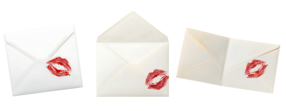 Romantic Envelopes with Red Lipstick Kiss Seal on White Background