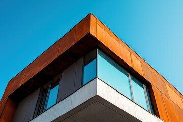 Bright blue sky over a modern building with sapphire and rust facade.