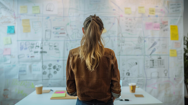 Creative professional brainstorming ideas on whiteboard filled with notes and diagrams